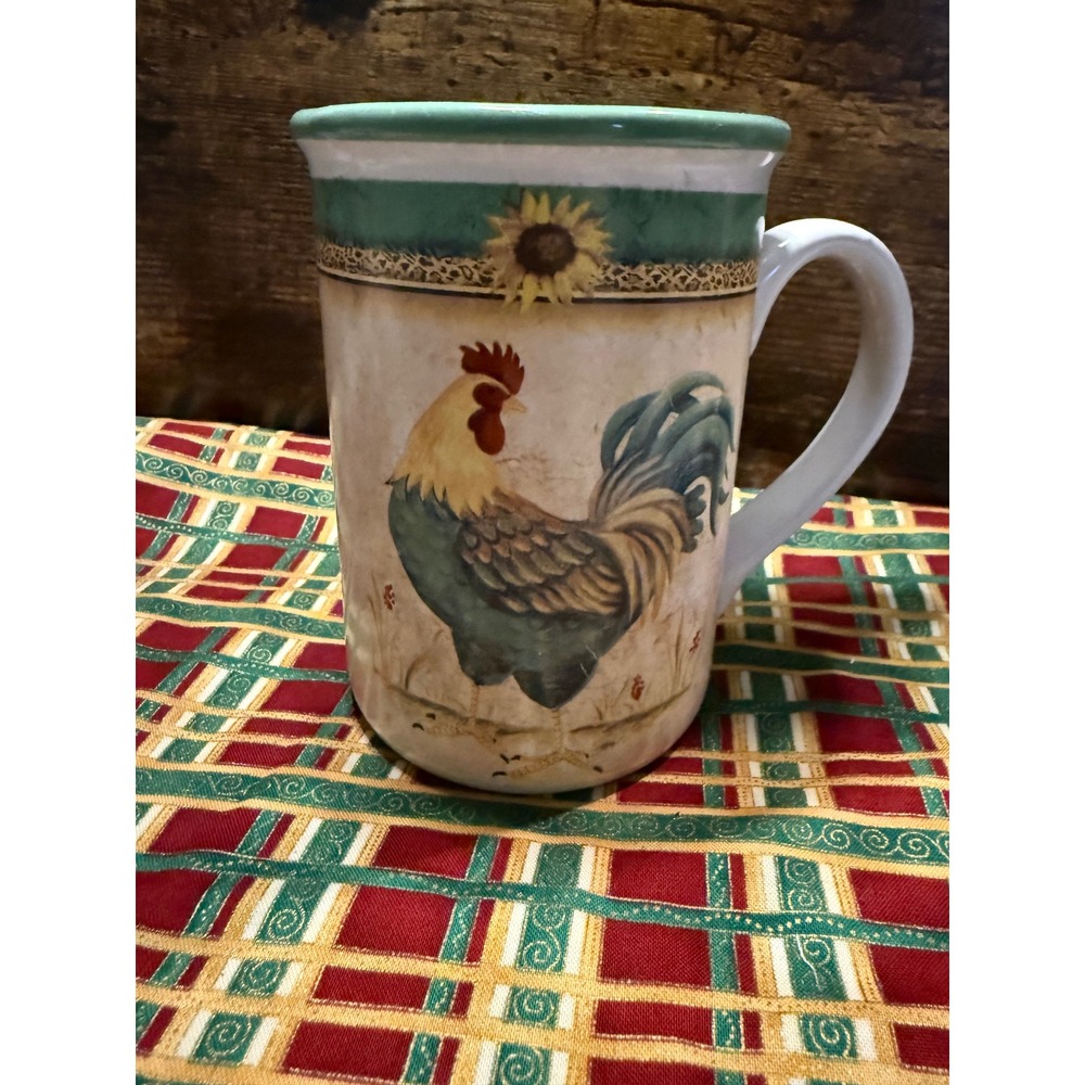 Gibson Everyday Rooster Sunflower Coffee Mug Green Interior Farmhouse Ceramic